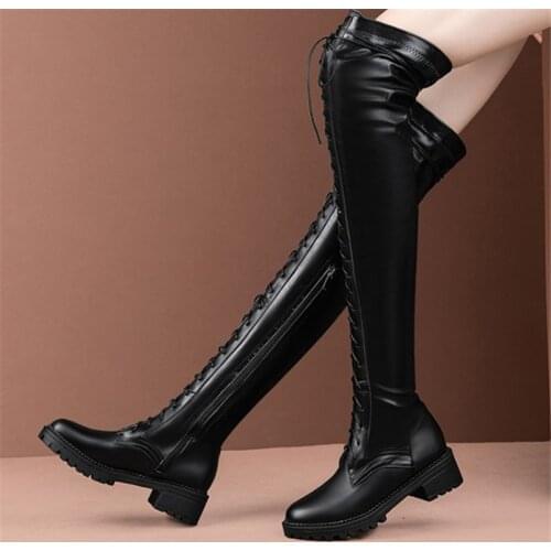 PXELENA PU Leather Riding Knight Over The Knee Boots Women Lace Up Med Heels Thigh High Knight Military Combat Boots Winter Shoe