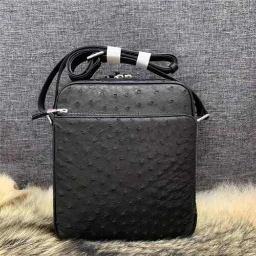 Exotic Real True Ostrich Skin Mens Small Casual Flap Purse Genuine Leather Single Cross Shoulder Bag Male Leisure Messenger Bag