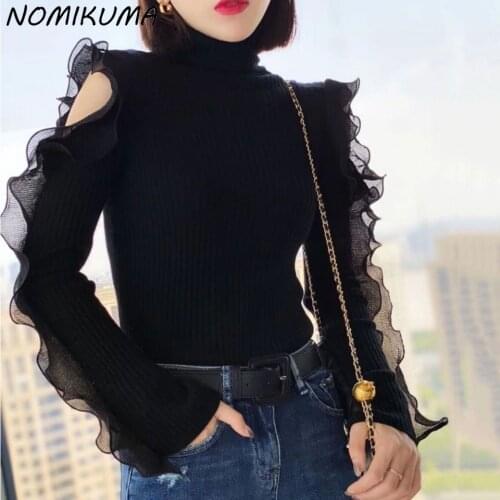 Nomikuma Turtleneck Slim Stretch Knit Pullover 2020 Autumn Strapless Ruffle Patchwork Women Sweater Long Sleeve Knitwear 6C887