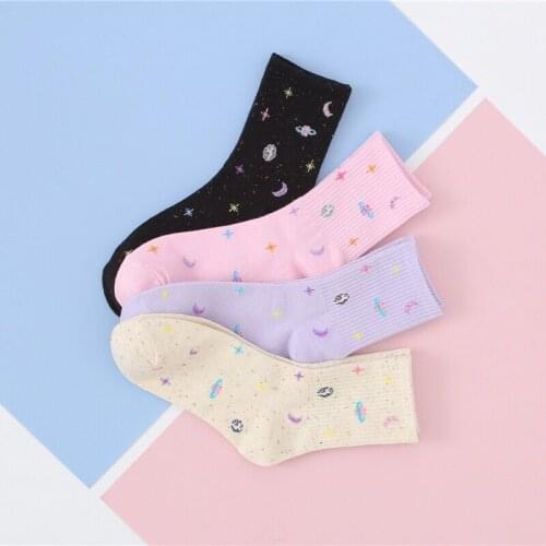 YIMUBA Cute Harajuku Galaxy Planet Stars Socks Spring Autumn 4 Colors Japanese Breathable Cotton Sports Women Socks Friends Gift