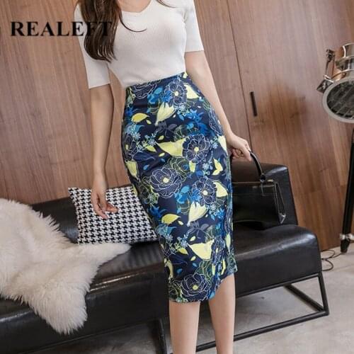 REALEFT Spring Summer 2020 Floral Print Vintage Sheath Wrap Skirts High Waist Pencil Midi Skirt Zipper Back Split Skirts Womens