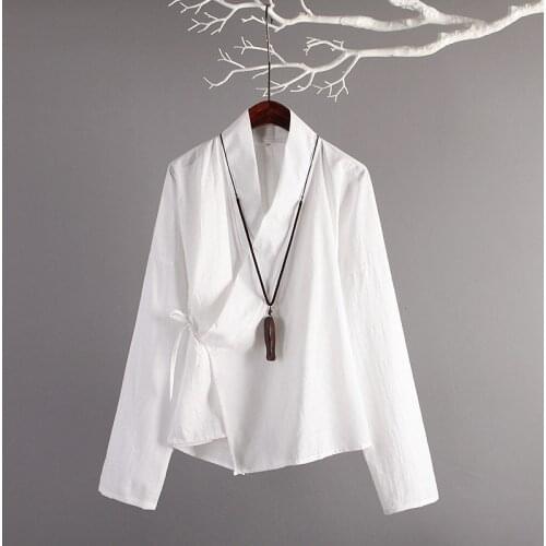 Chinese Style Retro Women Blouse 2020 Autumn Cotton Linen Tops Lace Up Long Sleeve Solid Casual Loose Tea Blusas Female Shirts