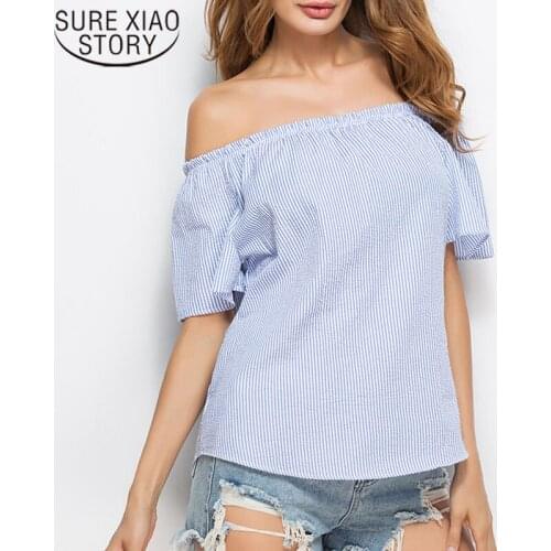 2019 sexy slash nexk striped women blouse shirt Fashion women blouses short sleeve summer women tops women shirts blusas 2957 50