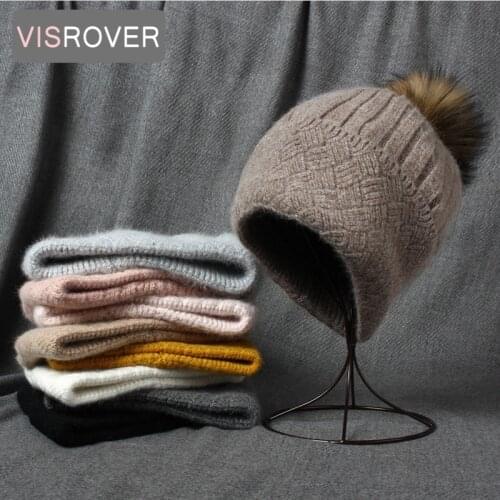 VISROVER 10 Rabbit Cashmere unisex Woman Winter Hat With Weave Autumn Beanies With Pompom Cashmere Woman Warm Wool Skullies Gift