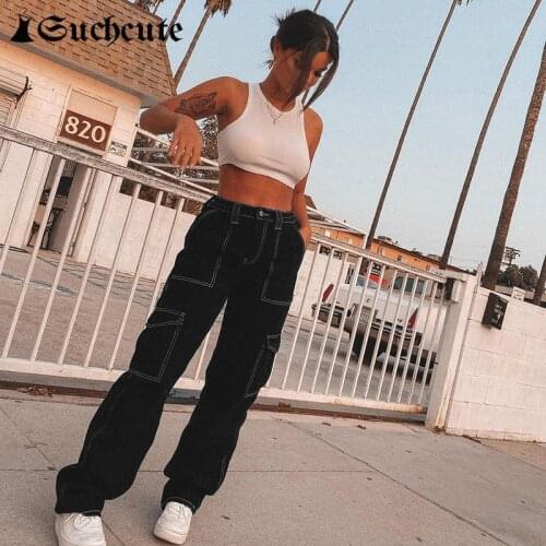 SUCHCUTE Gothic Black Women Baggy Jeans Pants Y2k Fashion High Waist Straight Trousers Streetwear Korean Style 90s Casual Outfit