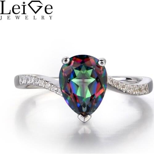 Leige Jewelry Mystic Rainbow Topaz Ring Sterling Sliver for Woman Engagement Promise Rings Pear Cut November Birthstone