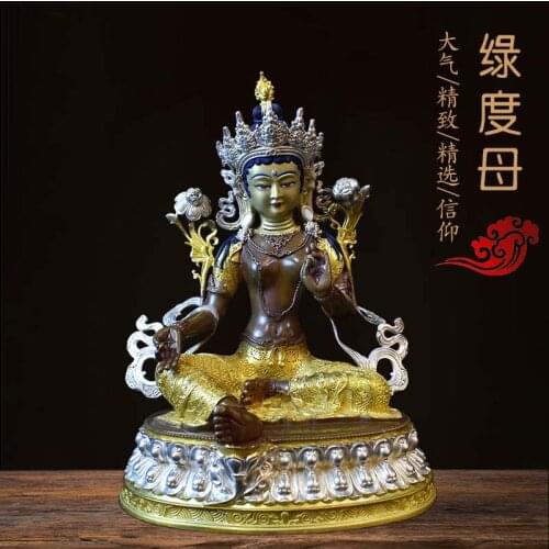 31CM Large Nepal Tibet Buddhism High grade Buddha statue gilding gold Tara Green Guan yin Avalokitesvara Buddha safety statue