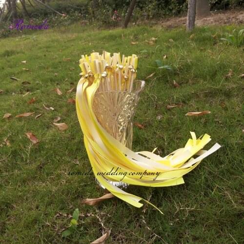 50Pieces/Lot Yellow and Light Yellow Wedding Ribbon Sticks With Gold Bell Wedding Ribbon Wands Event Party Supplies
