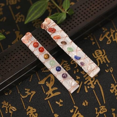 7 Chakra Crystal Stone Beads Silk Wrapped With Raw Selenite Stick Healing Yoga Meditation, Energy Gypsum Cleansing Stick, Reiki