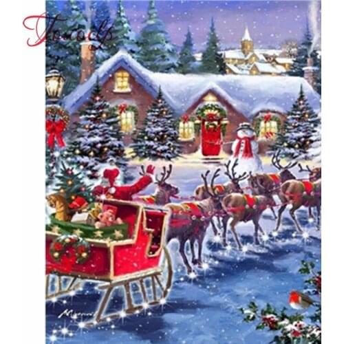 Touoilp Diamant Schilderij Kerst Volledige Vierkante/Ronde Diamant Borduurwerk Slee Landschap Elanden Home Decor Mozaïek Kerstma