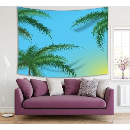 Tapestry Branches of Palm Trees Green Leaves Against the Blue Sky Summertime Tropical Beach Sunrise View Print