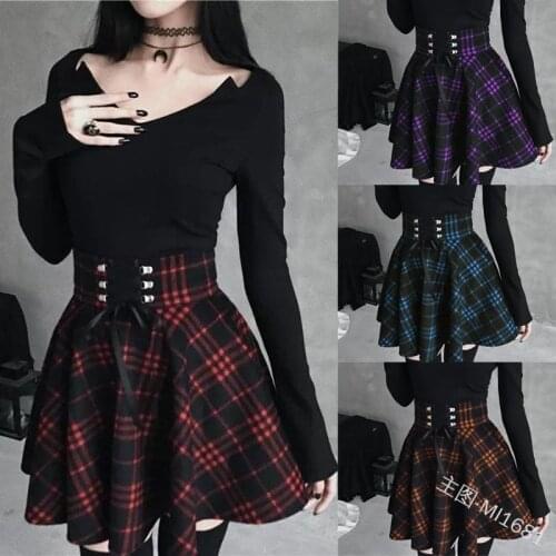 Gothic Women Lolita Skirt Black Red Plaid Pleated High Waisted Lace Up Wool Skirt Plus Size S-5XL