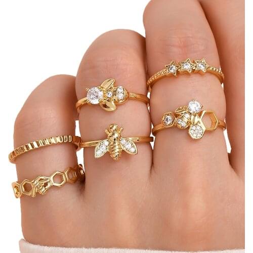 Luxury CZ Stone Insect Bee Rings for Women Creative Honeycomb/honeyBee Stacking Gold Rings Fashion Ladies Party Jewelry
