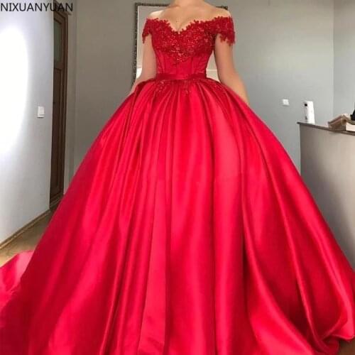Off Shoulder Red Ball Gown Wedding Dress 2021 Lace Appliques Beaded Satin Corset Lace Up Wedding Dresses Plus Size Dresses