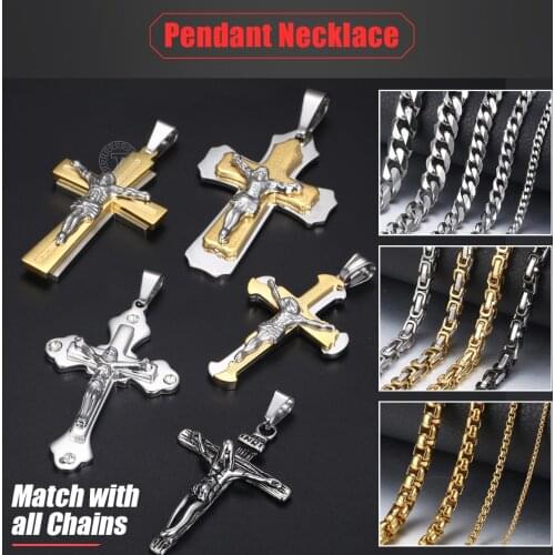 Davieslee Jesus Christ Cross Pendant for Men Gold Black Silver Color Mens Pendants Stainless Steel Paved Clear CZ Gifts LKPP3