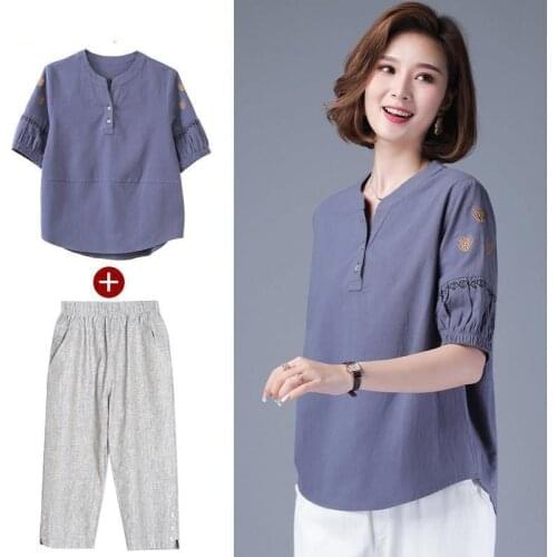 Summer Middle-aged Women Plus Size 5XL Ladies Top + Pants Suits Cotton Linen Casual Clothing 2 Piece Sets Womens Outfits X219