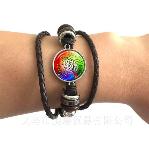 Lucky Black/Brown Leather Tree of Life Bracelet Rock Biker Bangle 20mm Dome Round Glass Cabochon Wonderful Gifts for Friends