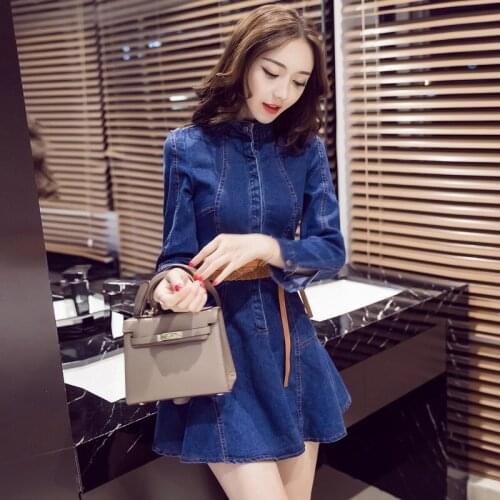 Sweet Korean Womens Long Sleeve Stand Collar Ruffles Denim Dresses Elegant High Waist Slim Solid Covered Button A-Line Dress