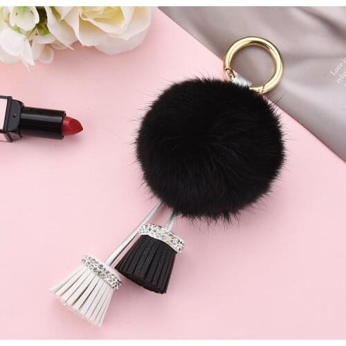 Fashion Leather Tassel Keychain Women Key Chain Bag Charms Pendant Fur Pom Pom Fluffy Car Key Ring Accessories Wholesale