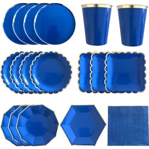 Blue Disposable Tableware Set Party Paper Straw Cup Plates baby Shower Birthday Supplies Favors Party Carnival Wedding decor
