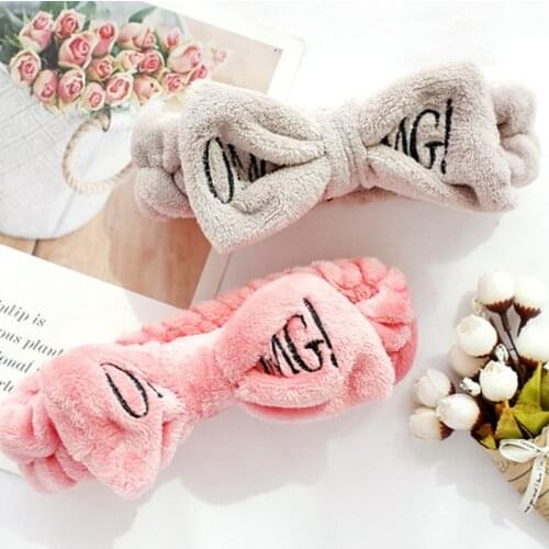 Wholesale OMG Letter Coral Fleece Bow Hairbands For Women Face Washing Hair Accessories For Girls Headband HeadWear Hair Turban