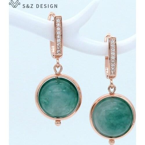 S&Z Trendy 585 Rose Gold Natural Round Stone Dangle Earrings Europe America Temperament For Women Girl Daily Accessories Jewelry