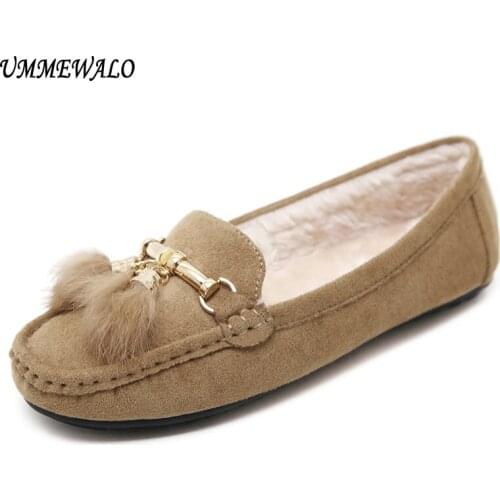 UMMEWALO Flat Shoes Winter Warm Loafer Shoes Women Flock Short Plush Cotton Shoes Mother Loafers Driving Footwear