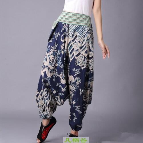 Women Plus Size Cotton Linen Printed Elastic Waist Harem Pants Ladies Vintage Harem Trousers Female 2020 Retro Print Pants
