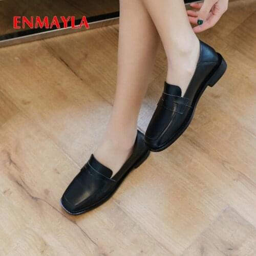 ENMAYLA 2020 Genuine Leather Square Toe Womens Shoes Slip-On Casual Platform Heels Square Heel Spring/Autumn White Heels 34-39