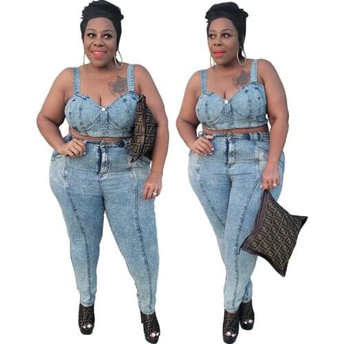 Streetwear Women Plus Size Denim Two Piece Sets 2021 Summer Latest Light Washed Pencil Jeans Spaghetti Strap Tank Tops Outfits