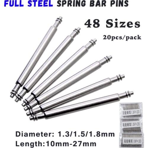 20pcs 10mm to 27mm Full Stainless Steel Spring Bar Release Spring pins Watch Band Strap Replacement Straight Pin D1.3 1.5 1.8mm