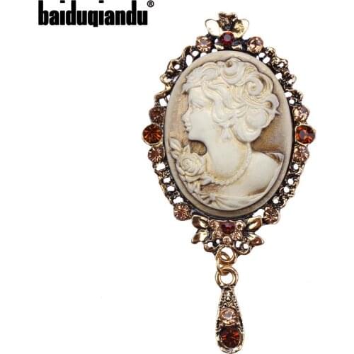 Baiduqiandu Factory Direct Sale Crystal Pendant Cameo Brooch Pins in antique gold or silver color