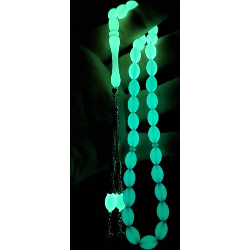 Alpaca White and Black and White Rosary 7x11mm Green Color Filter, Green Phosphorous Powder Amber Tesbih BYT0490