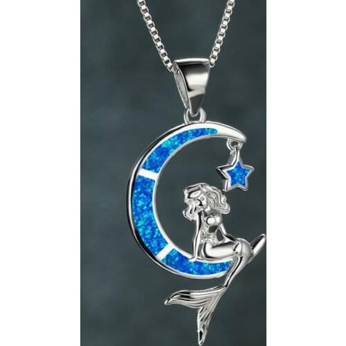 Boho Mermaid Moon & Stars Pendant Blue Imitation Opal Silver Color Chain Necklace for Womens Wedding Party Jewelry Gifts