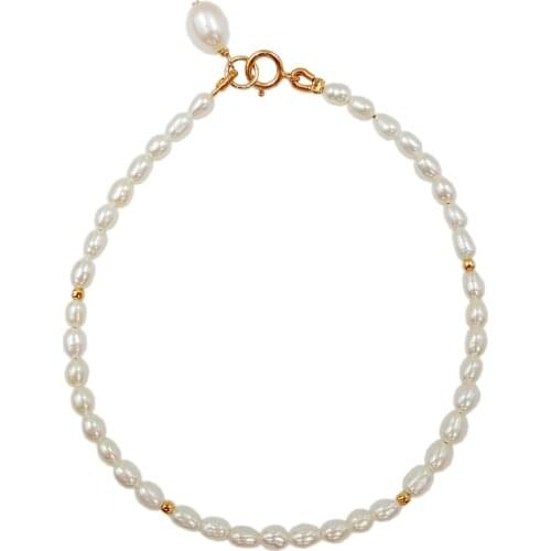 AA+ White Rice Shape Pearl Approx 2-3mm 925 Sterling silver Gold Color Bracelet