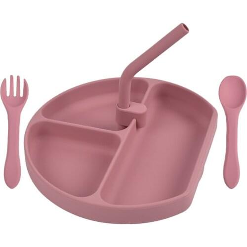 Baby Silicone Sucker Bowl With Straw Childrens Dishes Smile Face Plate Tableware Set Baby Tableware Set Dish Plates For Food
