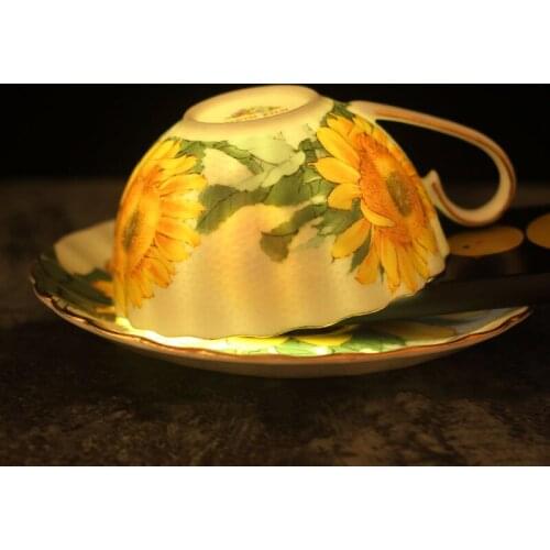Sunflower Design European Bone china coffee set Top Grade Porcelain coffee cup and saucer Luxury Gifts Pearl glaze
