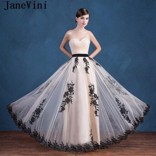 JaneVini Elegant Long Bridesmaid Dresses Black Lace Appliques Sweetheart Tulle Champagne Floor Length Backless Formal Prom Gowns