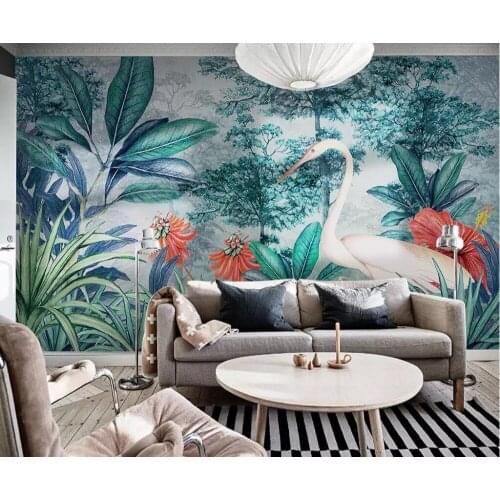 Beibehang European wallpaper hand painted medieval rainforest banana leaf flamingo garden TV background wall murals 3d wallpaper
