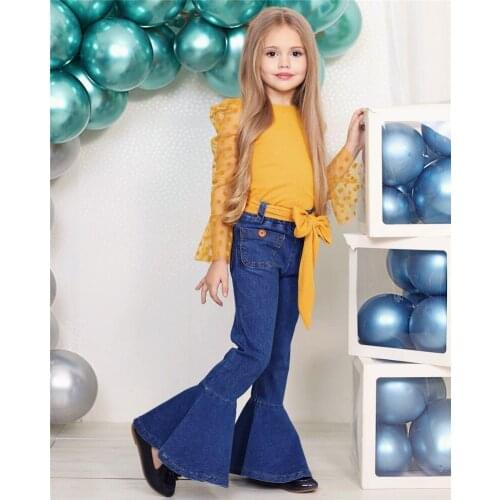 Little Girls Clothes Set, Fashion Dot Print Long Mesh Sleeve O-neck Tops+Solid Color Flared Denim Trousers with Belt 1-6Years