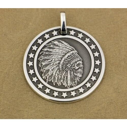 LINSION Stars Round 999 Pure Silver Indian Chief Skull Mens Biker Punk Pendant 9X303 Just Pendant