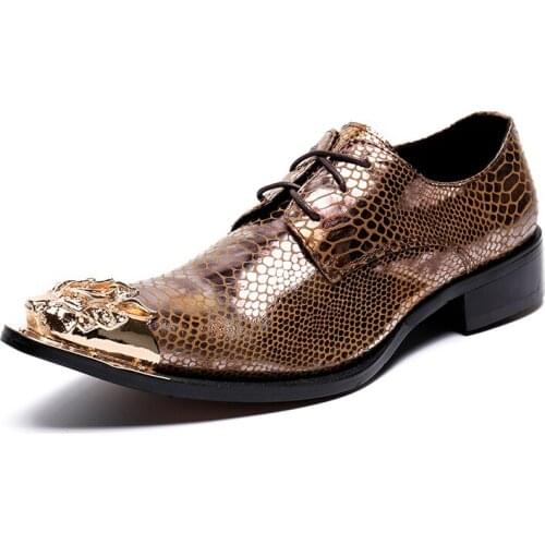New style Golden head Genuine Leather Loafers lace-up Men Casual shoes Mens Flats Metal tip men dress shoes Medium heel