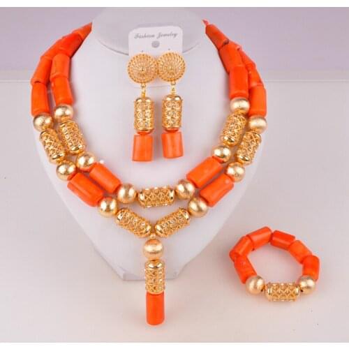 Fashionable Orange Nigerian Coral Beads African Wedding Jewelry set Coral Set Earings and Necklace C42-02