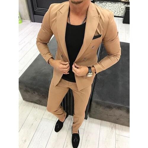 ANNIEBRITNEY Khaki 2 Piece Slim Fit Men Formal Suit Tailor Made Groom Wedding Tuxedo 2 Piece Prom Wedding Business Men Suit Set
