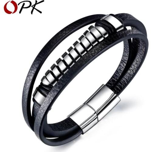 Amazon Hot Selling Multi-layer Leather Jewelry Stainless Steel Ring Bracelet Fashionable Mens Titanium