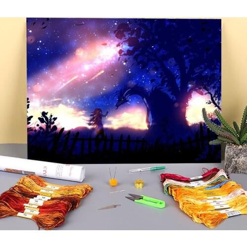 Scenery Under The Lights Pre-Printed 11CT Cross Stitch Embroidery Complete Kit DMC Threads Painting Handmade Hobby Floss