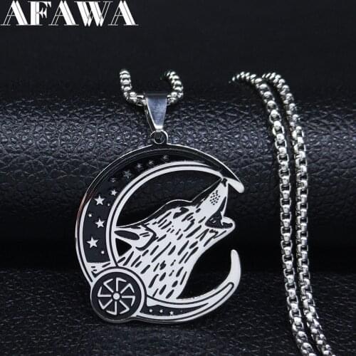 AFAWA Witchcraft Pentagram Viking Wolf Stainless Steel Necklaces Men/Women Black Color Statement Necklace Jewelry joyas N3330S02