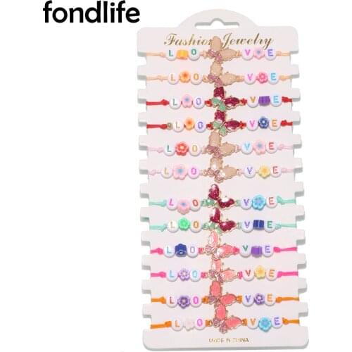 Polymer Clay Flower Beads Letter Love Zinc Alloy Butterfly Charm Braided Bracelet Women Kids 12pcs Wholesale Lovely Jewelry Gift