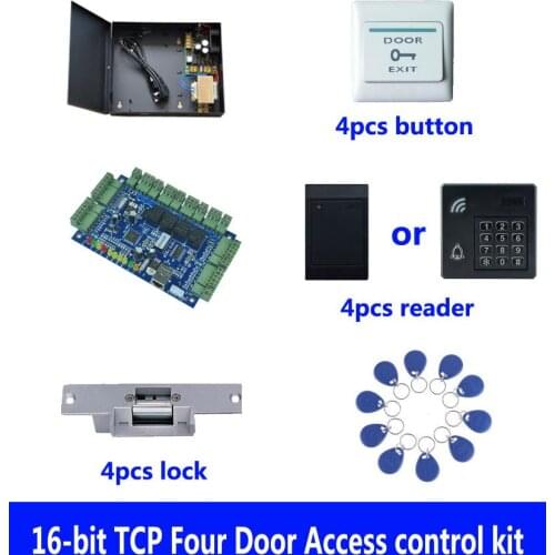 RFID card door access control kit,TCP four door access control+powercase+strike lock+ID reader+exit button+10 ID tag,sn:kit-B401