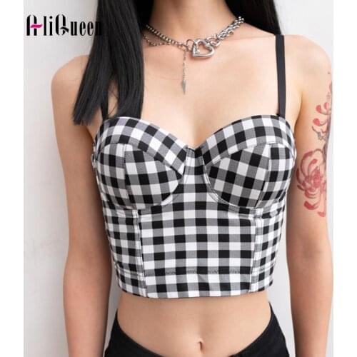 Sexy Black Tank Plaid Push Up Bralette Spaghetti Strap Bustier Women Bra Cropped Top Vest Camisole Corsets Night Club Party Tops